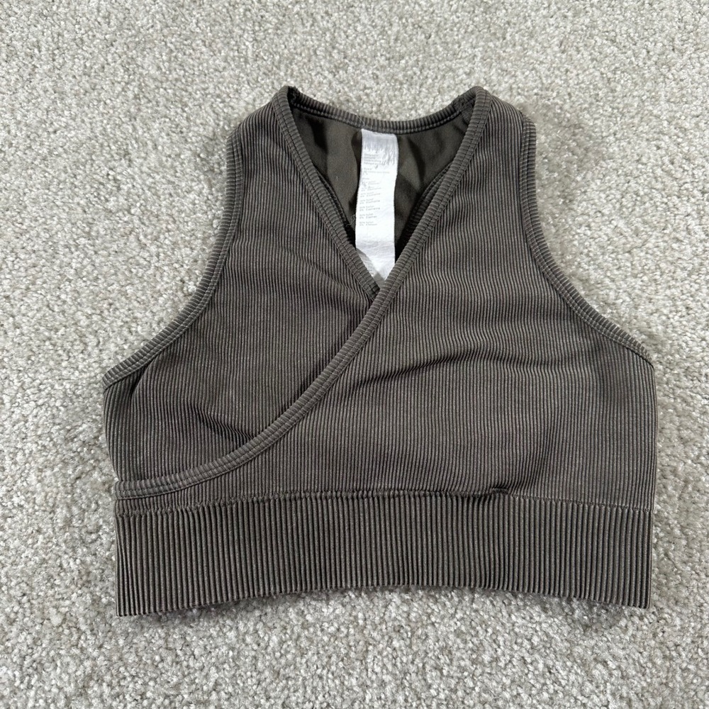 Fabletics Womens Brown Ribbed Seamless Surplice Wrap Racerback Sports‎ Bra Small